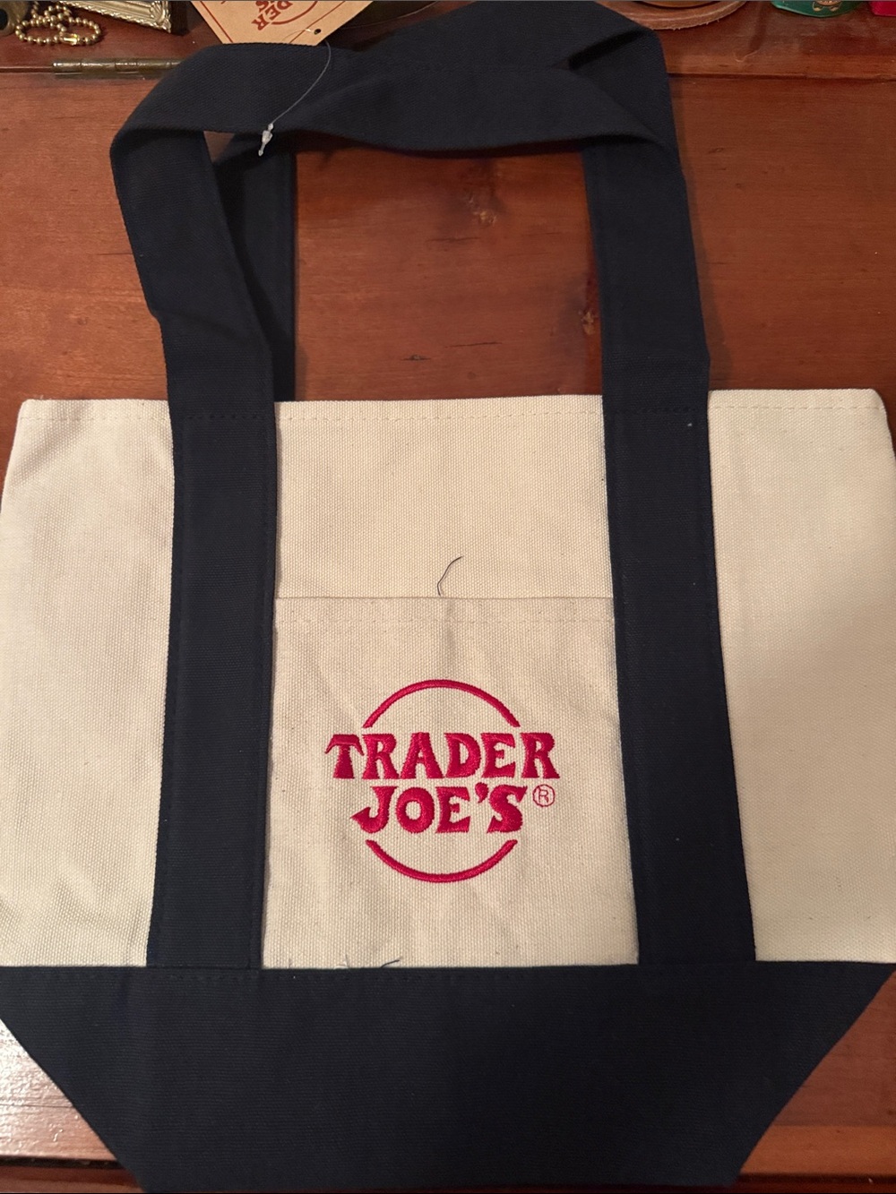 Trader Joe's Canvas Tote Bag in Natural and Navy with Red Logo